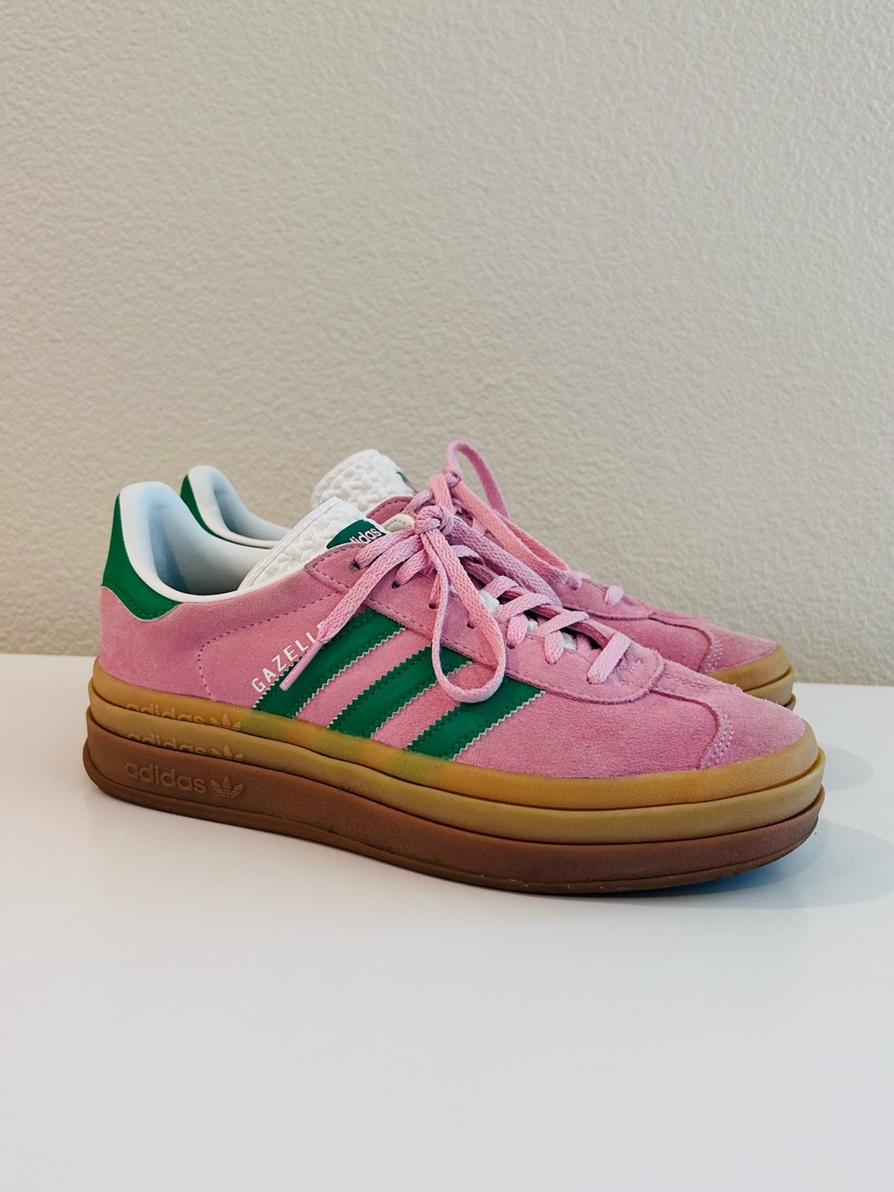 adidas Gazelle Pink Suede Sneakers with Green Stripes and Gum Sole